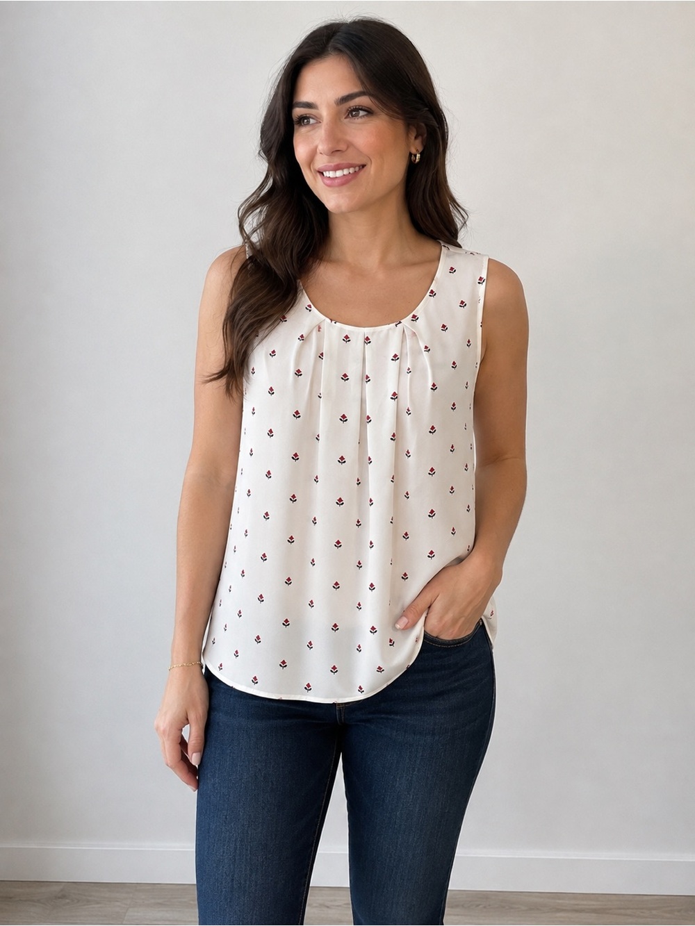LOFT White Sleeveless Camisole with Small Red Floral Print